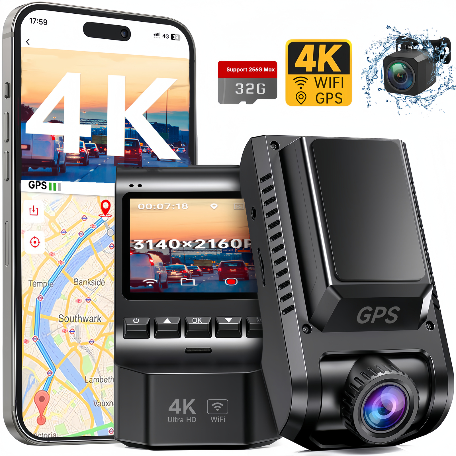 thumbnail video image 2 of Dash Cam, Artsic 4K Dash Cam Front and Rear with Wi-Fi & GPS, APP Control, Dual Dash Camera for Cars with WDR, 32GB Card, Support 256GB Max, Black, 2 of 11