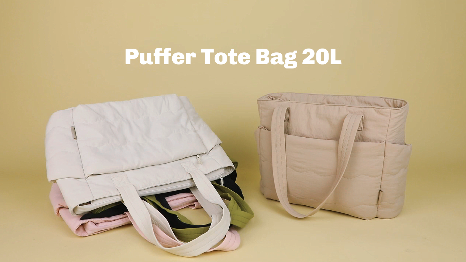 thumbnail video image 2 of Hynes Eagle Unisex Quilted Puffer Tote Bag with 15.6 Inch Laptop Sleeve, Lightweight Nylon Shoulder Bag for Work Travel Gym, Ivory, 2 of 10