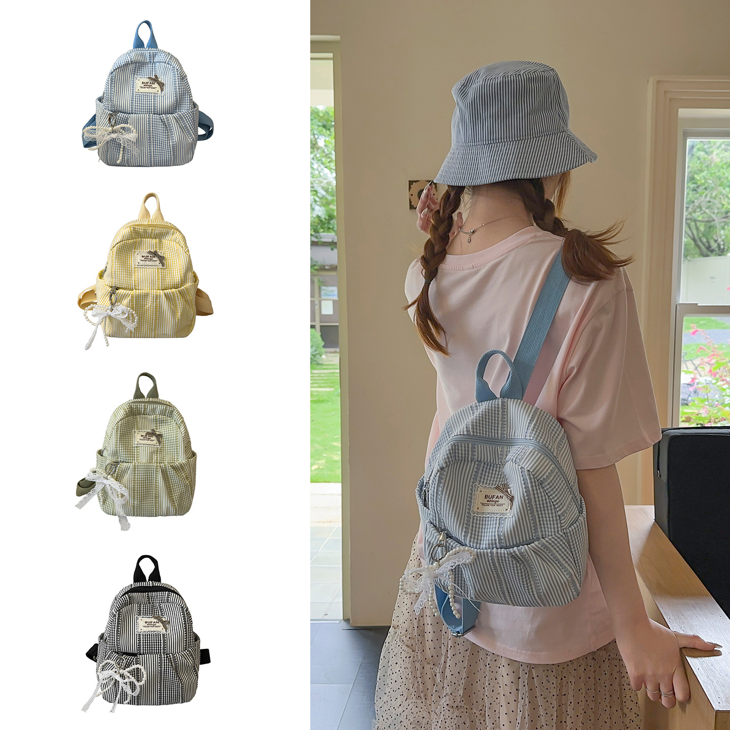 thumbnail video image 2 of Sunyuer Cute Plaid Stripe Mini Backpack for Women, Lightweight Casual Small Daypack with Pearl Lace Bow Charm, Aesthetic Preppy Travel Backpack Purse for Daily Commute, 2 of 8
