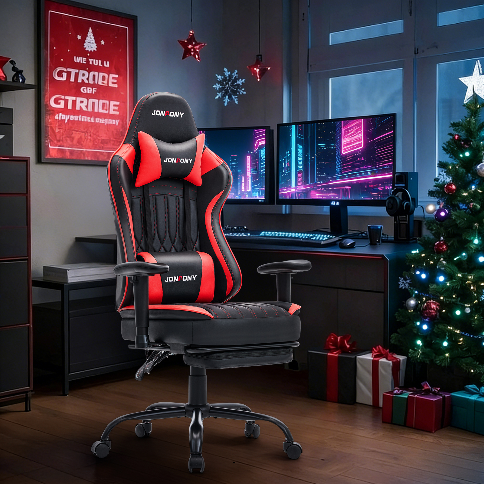 thumbnail video image 2 of JONPONY Big and Tall 500lbs Gaming Chair with Bluetooth Speakers, Gamer Chair with Footrest and Lumbar Support & 360-Swivel Seat, Ergonomic Gamer Chair with Headrest, Red, 2 of 9