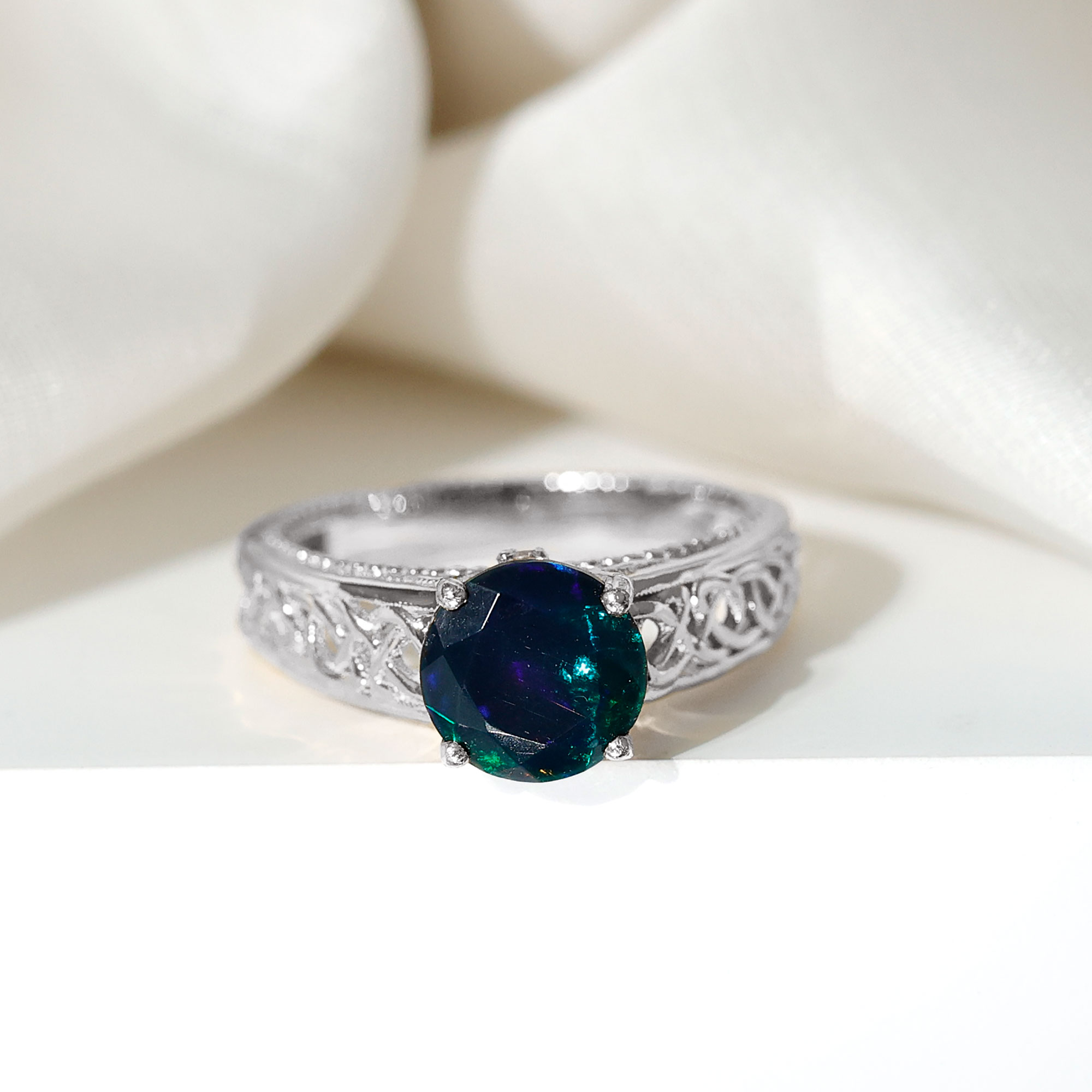 thumbnail video image 2 of Rosec Jewels Vintage Inspired Celtic Ring, Black Opal Solitaire Band Ring with Diamond, 925 Sterling Silver, US 4.00, 2 of 8