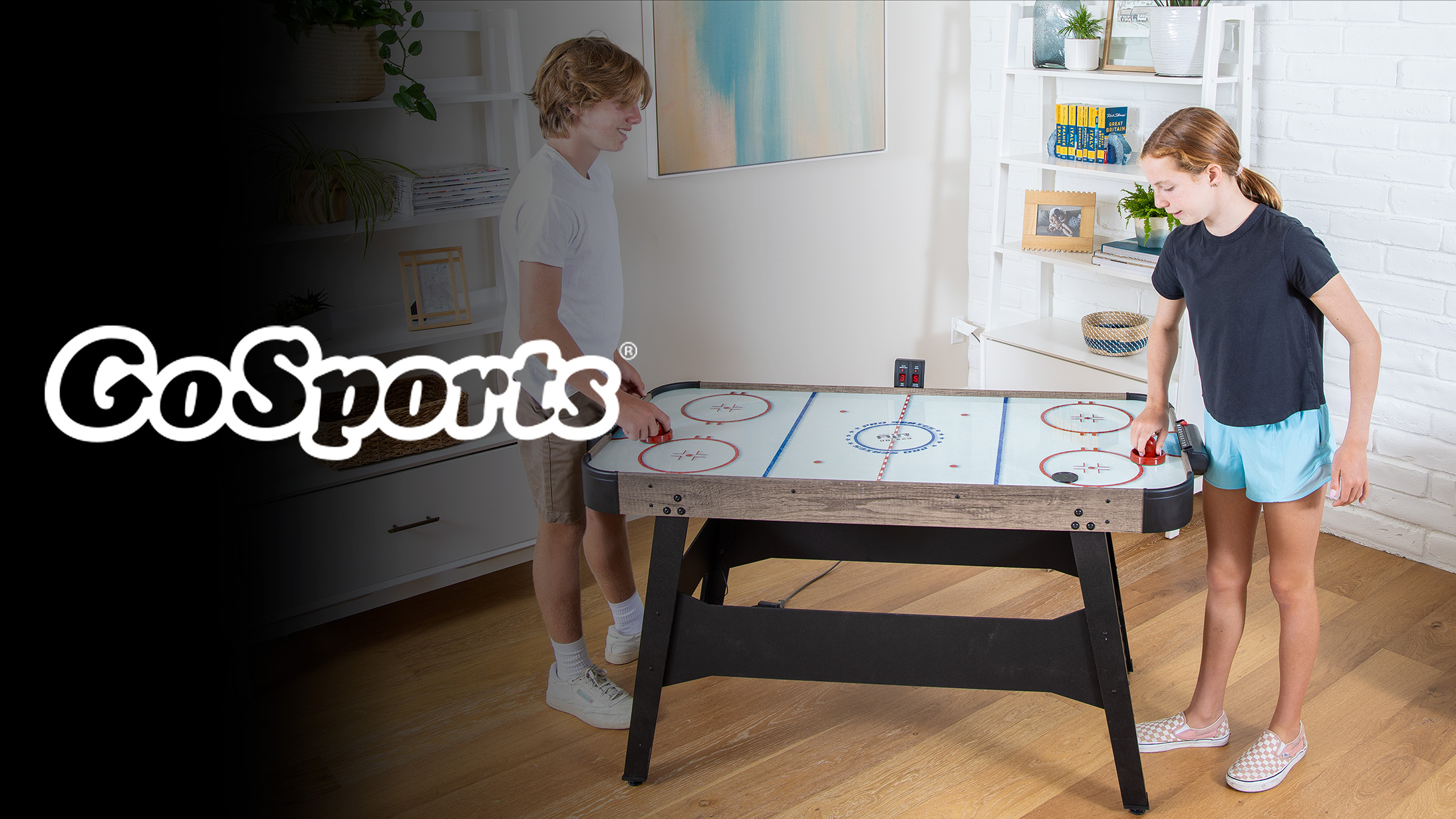 thumbnail video image 2 of GoSports 54 Inch Air Hockey Arcade Table AC Powered for Kids & Adults - Oak, 2 of 7