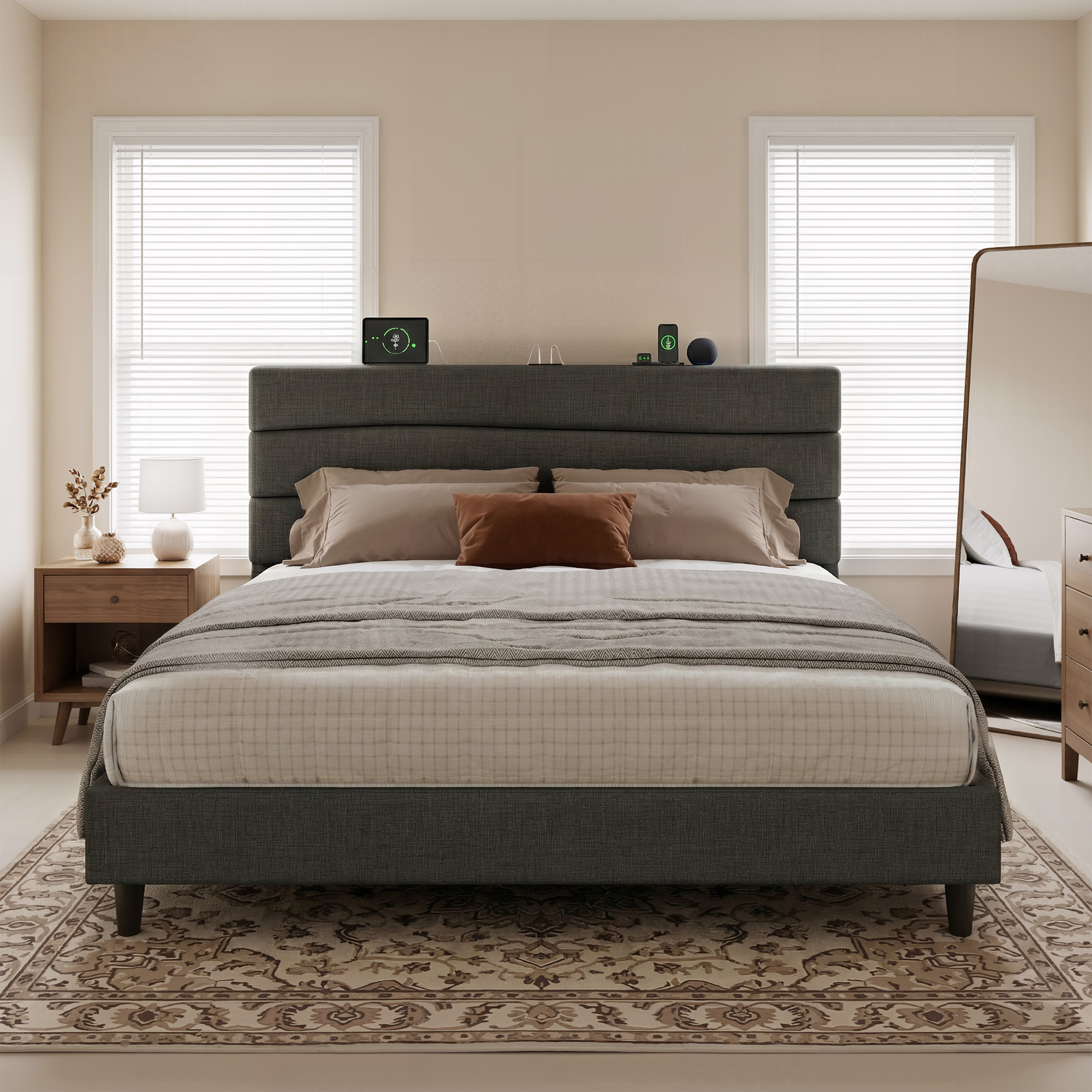 thumbnail video image 2 of EnHomee Queen Size Bed Frame with Headboard Upholstered Bed Frame Queen with Storage Queen Size Bed Frame with Charge Station Gray, No Box Spring Needed, Noise Free, 2 of 9