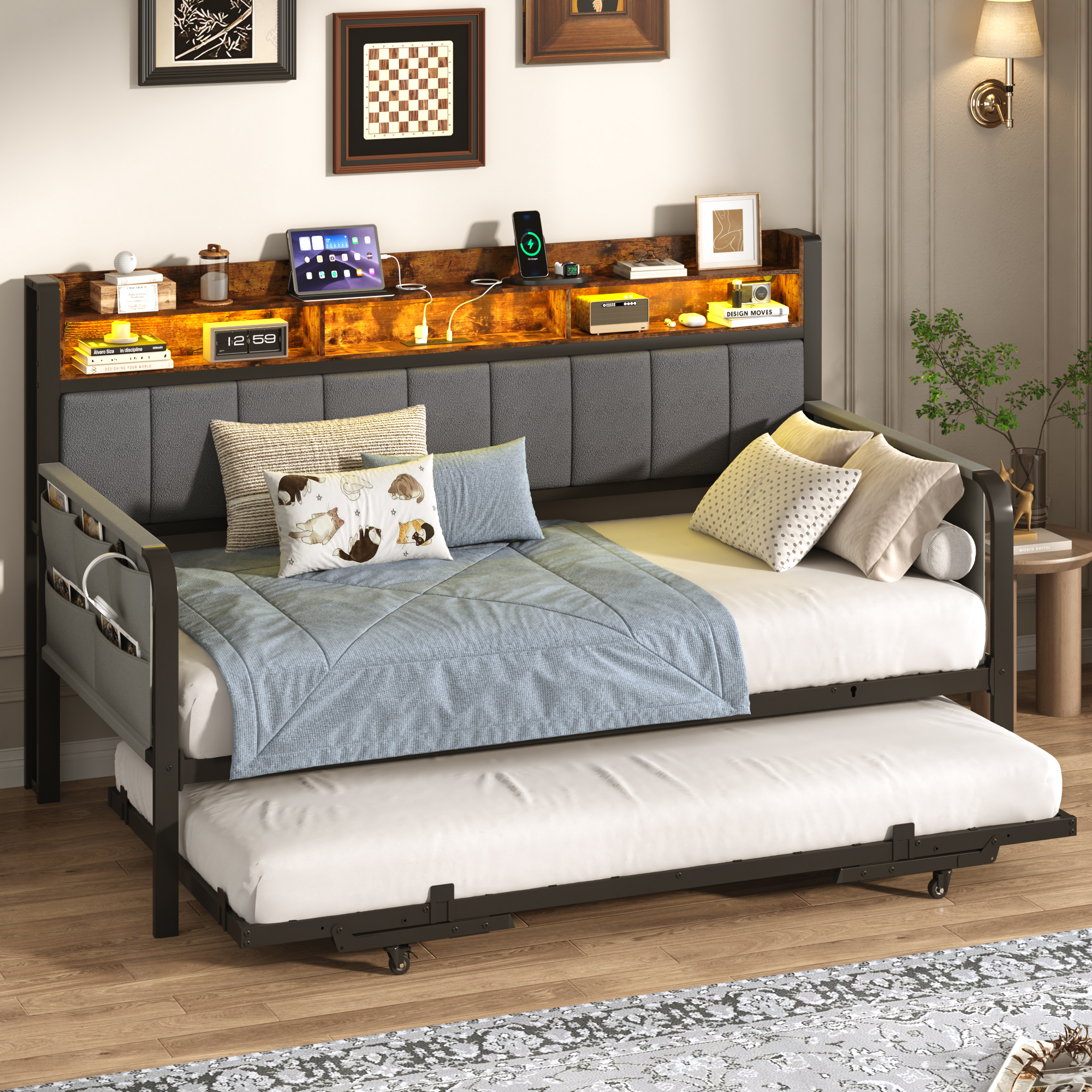 thumbnail video image 2 of ANPOO Twin Daybed with Trundle, Upholstered Sofa Bed Frame with Charging Station & LED Lights, Heavy Duty Metal Day Bed with Storage Pockets, No Box Spring Needed, for Living Room Bedroom, 2 of 10