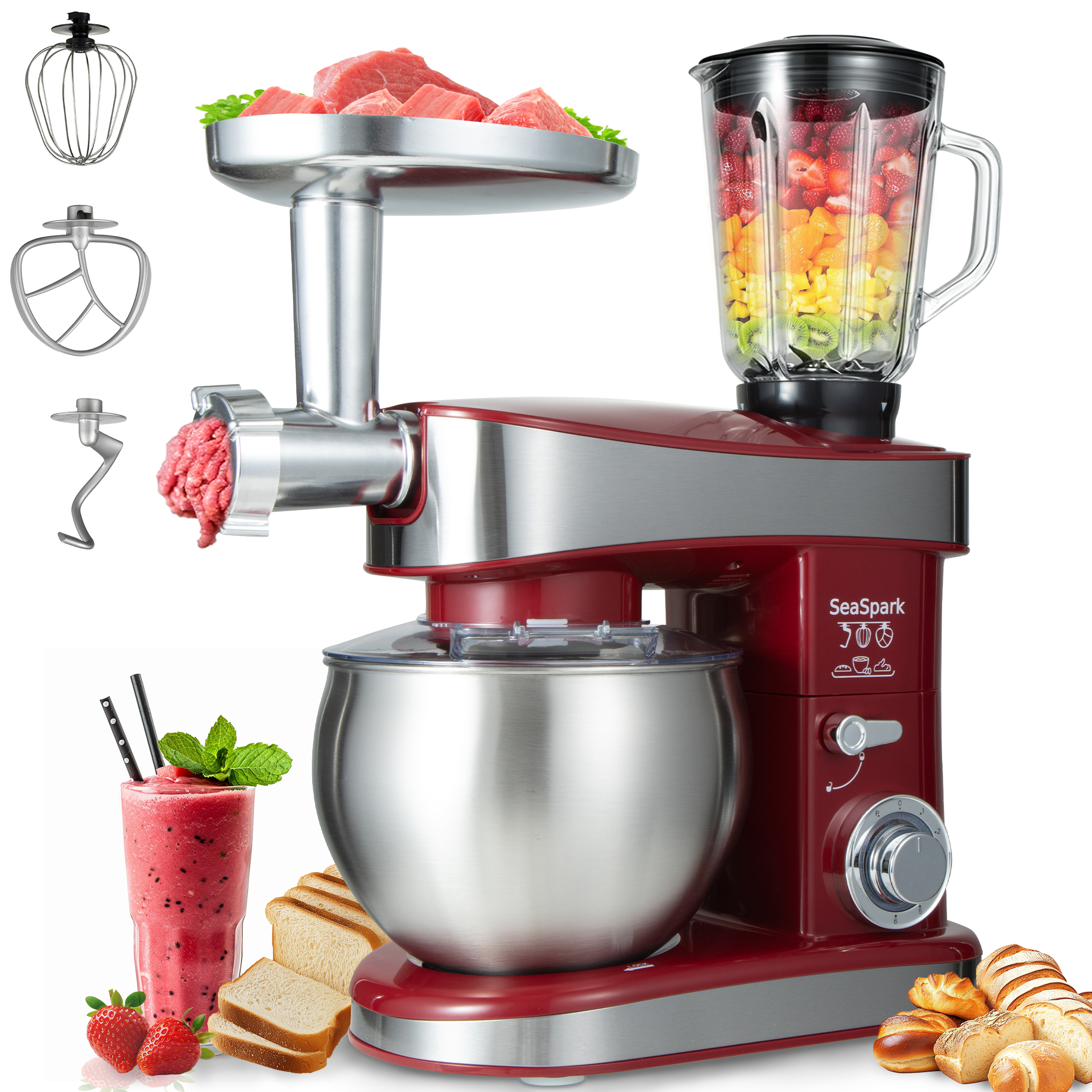 thumbnail video image 2 of SeaSpark 6-in-1 Multifunctional Stand Mixer 6.3 QT 6-Speed Electric Kitchen Mixer with Bowl, Juicer & Meat Grinder, 400W Red, 2 of 9