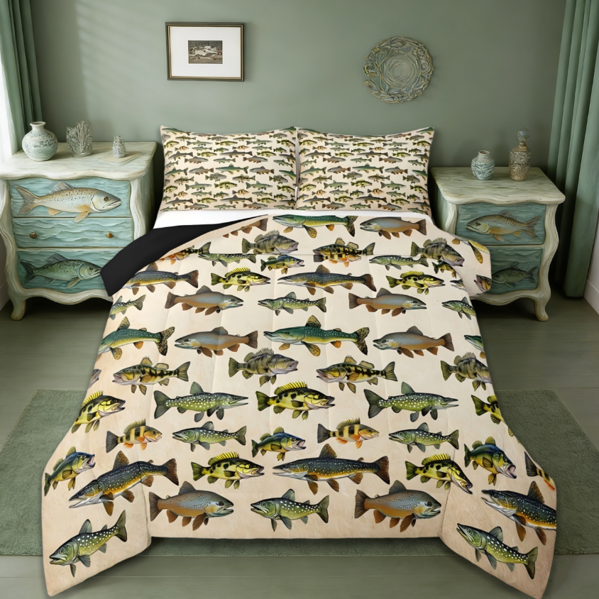 thumbnail video image 2 of Manfei Pike Fish Full Size Comforter Sets,Vintage Fishing Fishing And Hunting Bedding Sets Retro Base Fish Reversible 3-Piece, 2 of 9