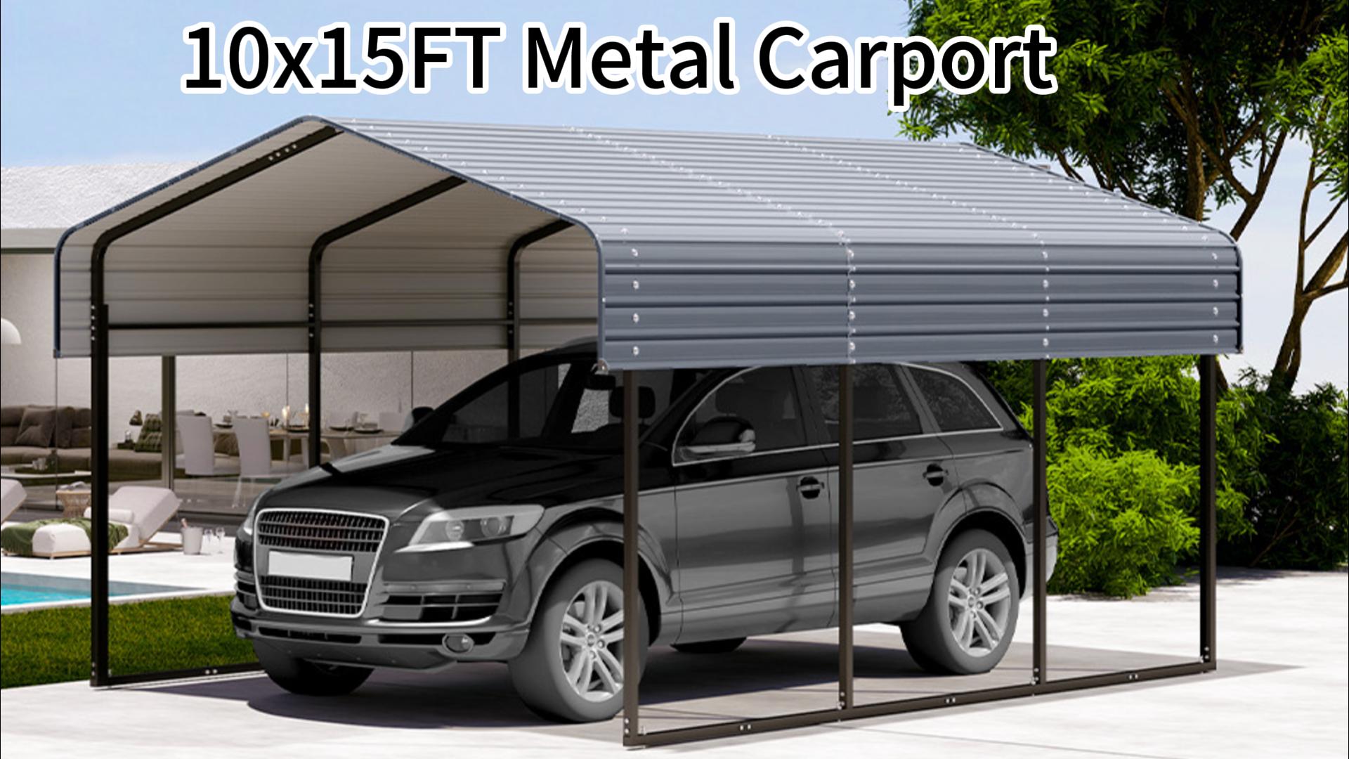 thumbnail video image 2 of Zolyndo Heavy Duty 10x15FT Metal Carport with Galvanized Steel Roof, Outdoor Car Shelter Garage Canopy for Cars, Trucks, Boats, Dark Gray, 2 of 8