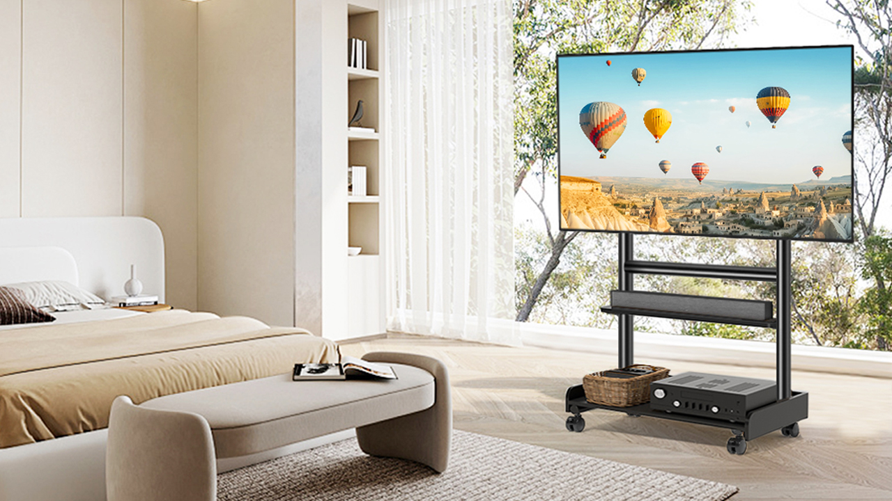 thumbnail video image 2 of RTVR Modern Rolling TV Stand for 40-86 inch TVs, with 4 Universal Silent 360° Caster Wheels & Storage Shelf, Black, 2 of 8