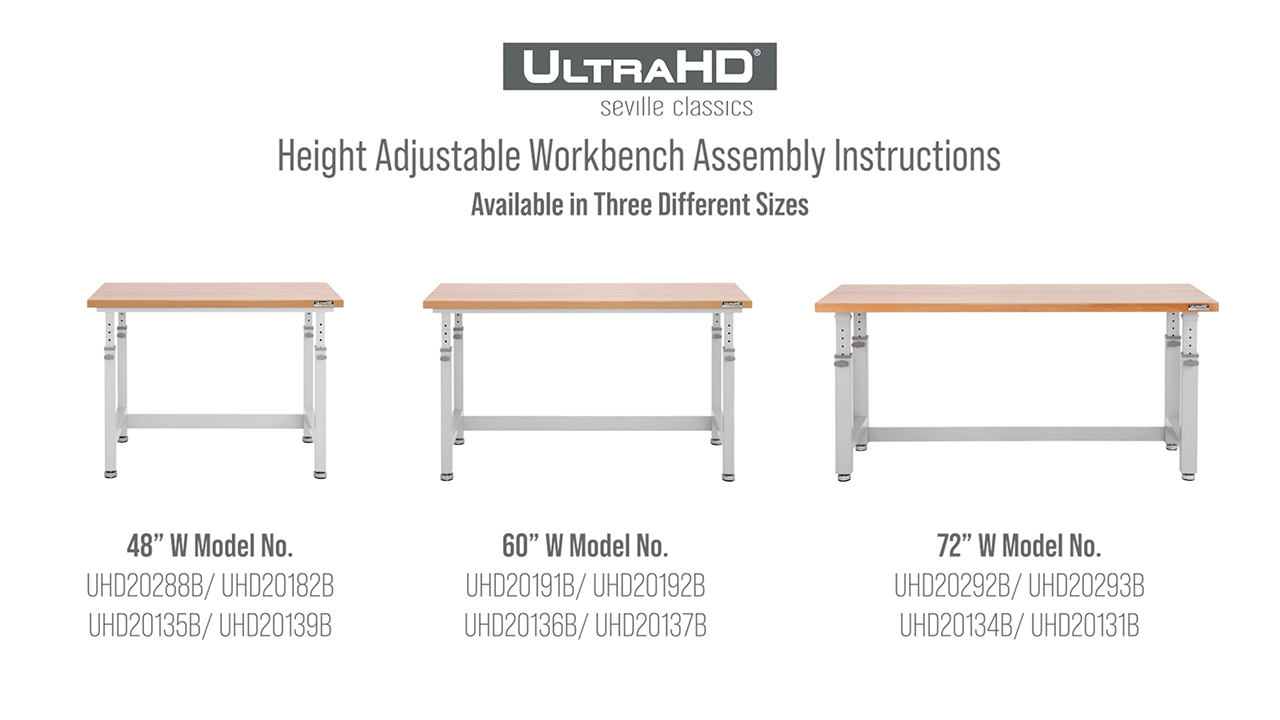 thumbnail video image 2 of Seville Classics UltraHD® Height Adjustable 4-Foot Heavy-Duty Wood Top Workbench, 48" W x 24" D x (28" to 41.5" H), Graphite, 2 of 11