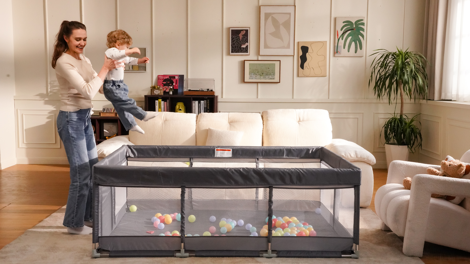 thumbnail video image 2 of Babyeap Baby Playpen Large Play Yard Fence for Toddlers,71"x50" Dark Gray, 2 of 7