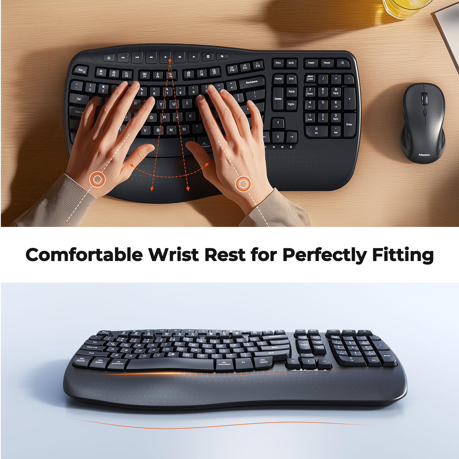 thumbnail video image 2 of Meetion USB Wireless Ergonomic Keyboard & Mouse Combo with Wrist Rest & Wave Keys, Black, For Windows/Mac, 2 of 9