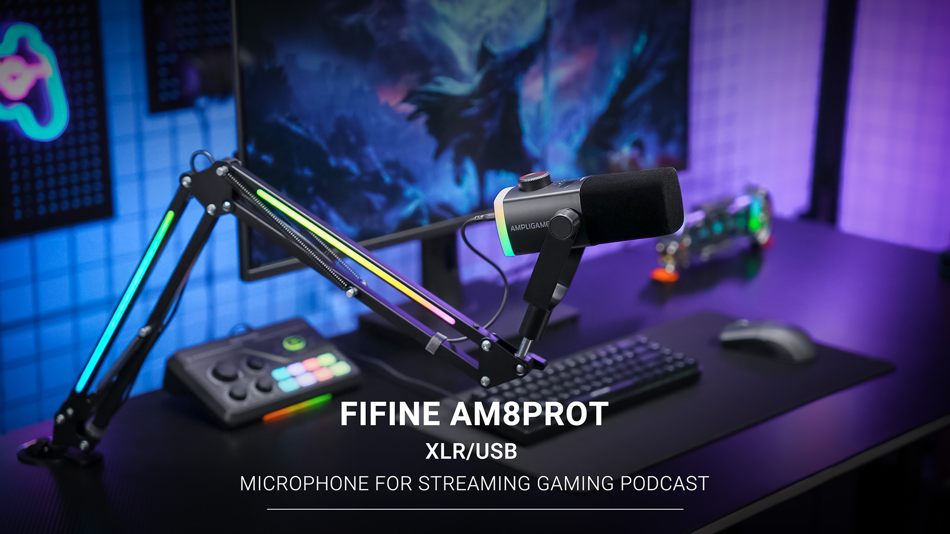 thumbnail video image 2 of FIFINE AM8 Gaming Microphone Kit with Software, RGB Boom Arm Stand, USB/XLR Dynamic PC Microphone for Computer PS5 with Mute, Headphone Jack, AM8PROT White, 2 of 8
