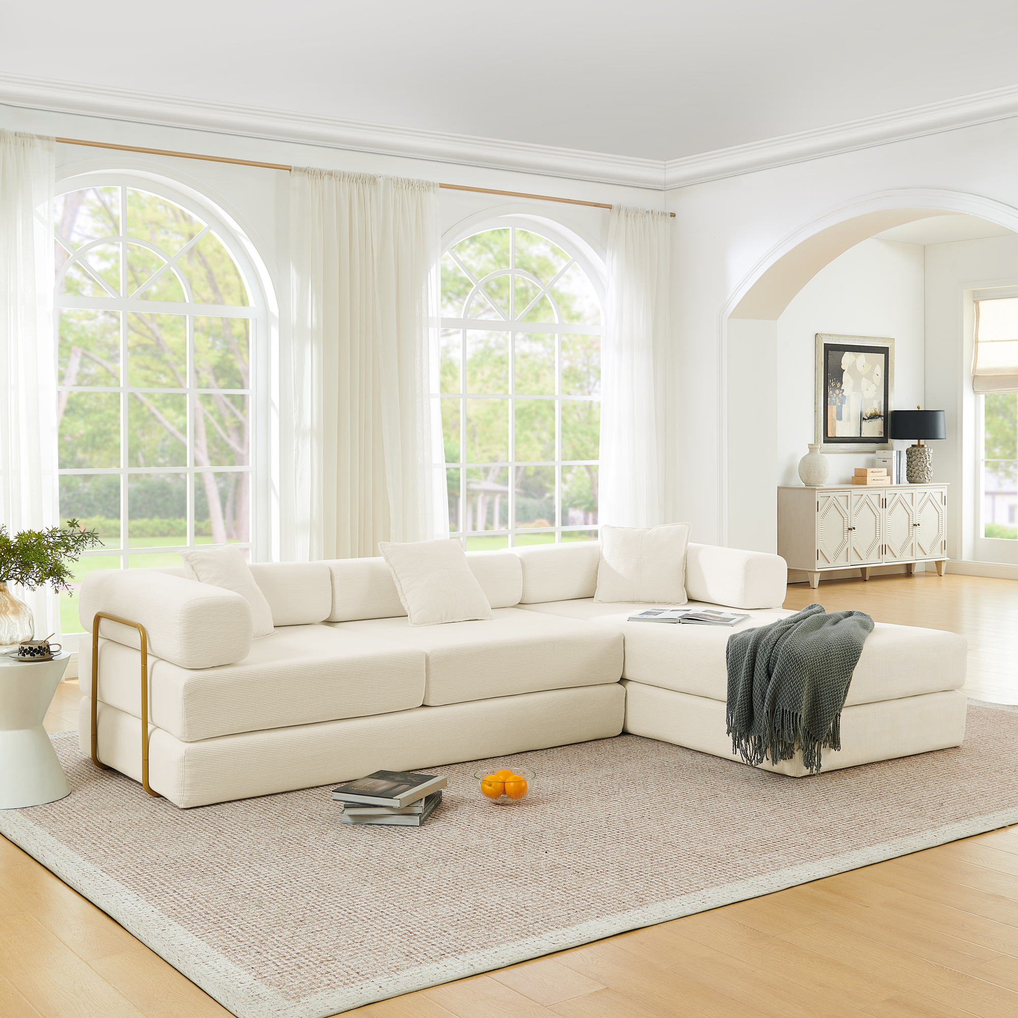 thumbnail video image 2 of 108" W Corduroy Convertible Futon Sofa Bed, Oversized Folding Sofa with Chaise & Pillows, No Assembly Required, Fixed-Shape Frame, Floor Lazy Boneless Couch for Living Room/Apartment, 2 of 12
