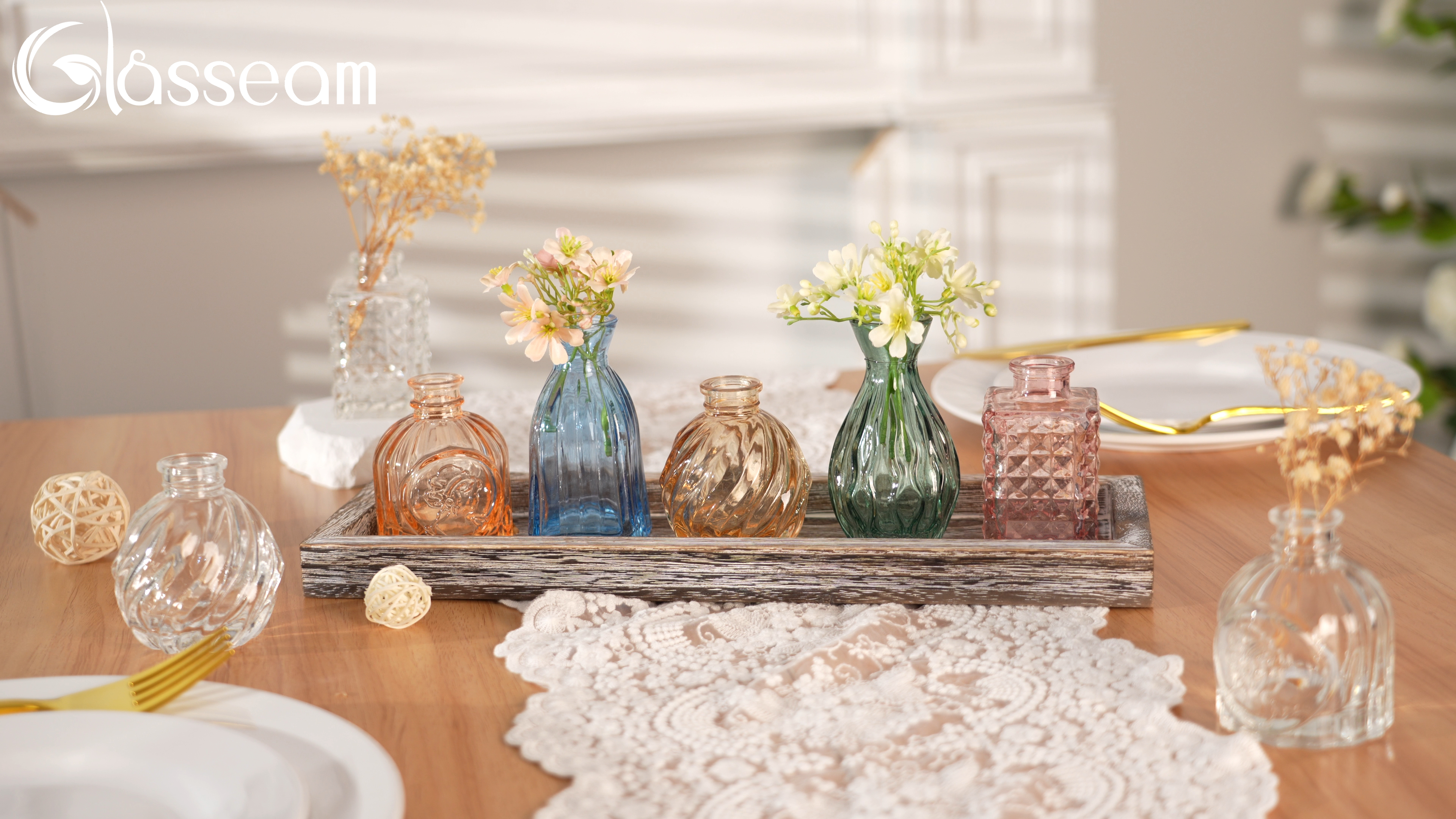 thumbnail video image 2 of Glasseam Set of 5 Clear Glass Vase Set with Wooden Tray: Small Bud Vases for Flowers Home Decor Centerpiece Wedding Housewarming Gifts Living Room Office Table, 2 of 10