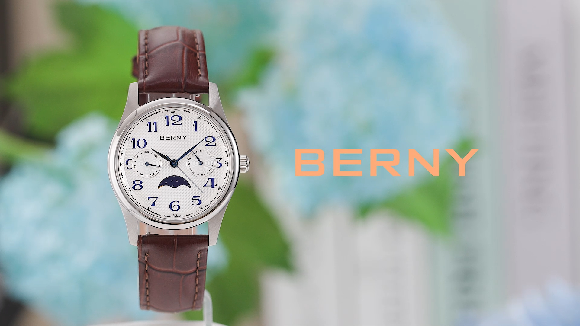 thumbnail video image 2 of BERNY Dress Watches for Women, MultiFunction Leather Watch with Moon Phase, Day & Date Calendar, Stainless Steel Case, Easy to Read, Waterproof, Ladies Analog Quartz Wrist Watch (Black), 2 of 8