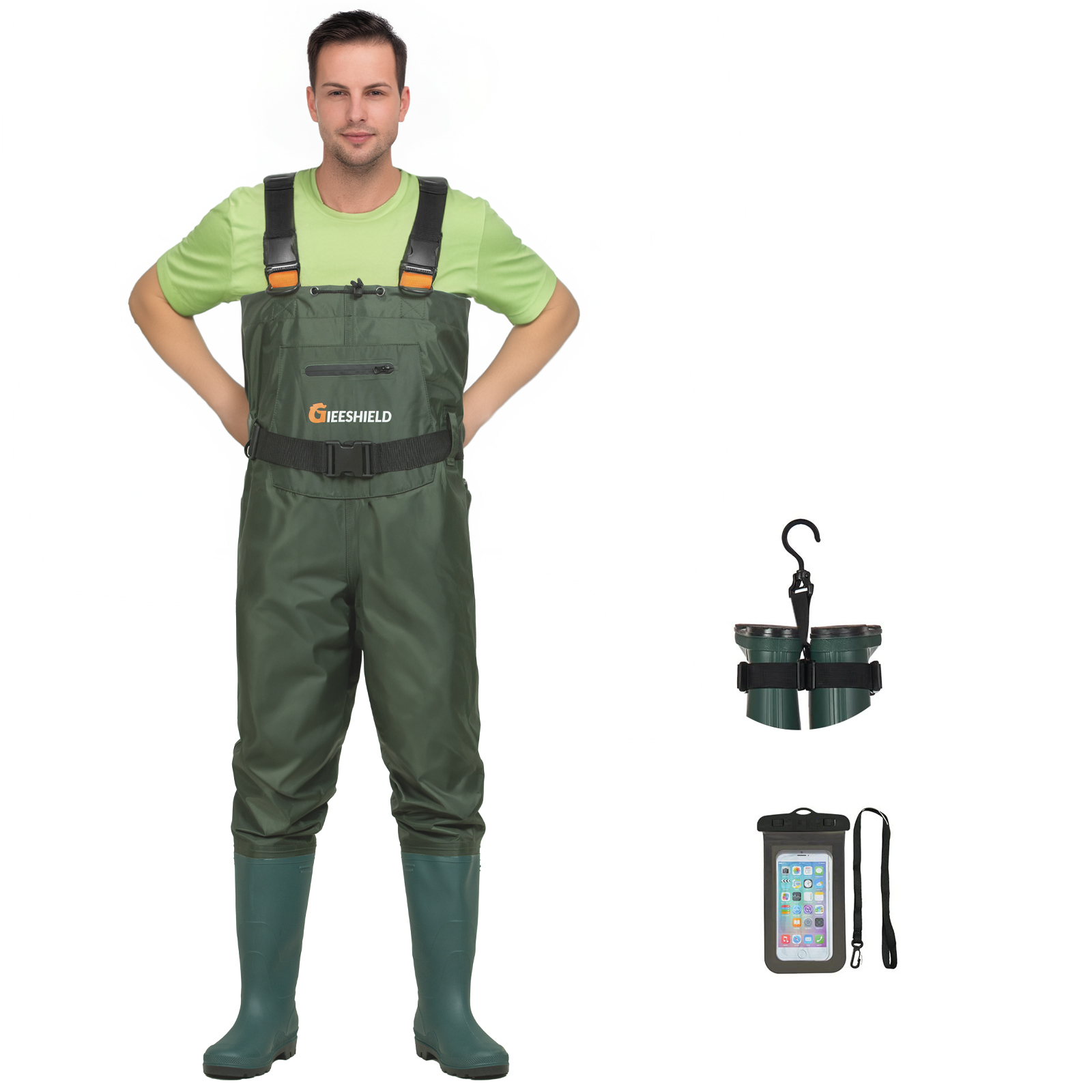 thumbnail video image 2 of GIEESHIELD Waterproof Bootfoot Chest Waders for Men and Women, Lightweight 2-Ply Nylon/PVC Fishing & Hunting Waders with Boot Hanger - Green (Green, M6/W8), 2 of 7