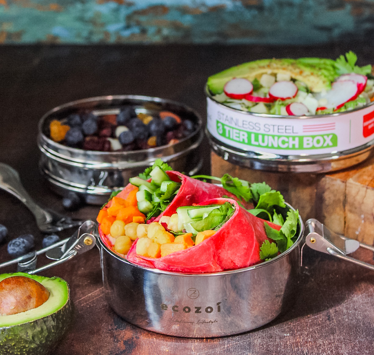 thumbnail video image 2 of Stainless Steel Lunch Box, 3 Tier Round with Spork, 40 Oz, 2 of 9