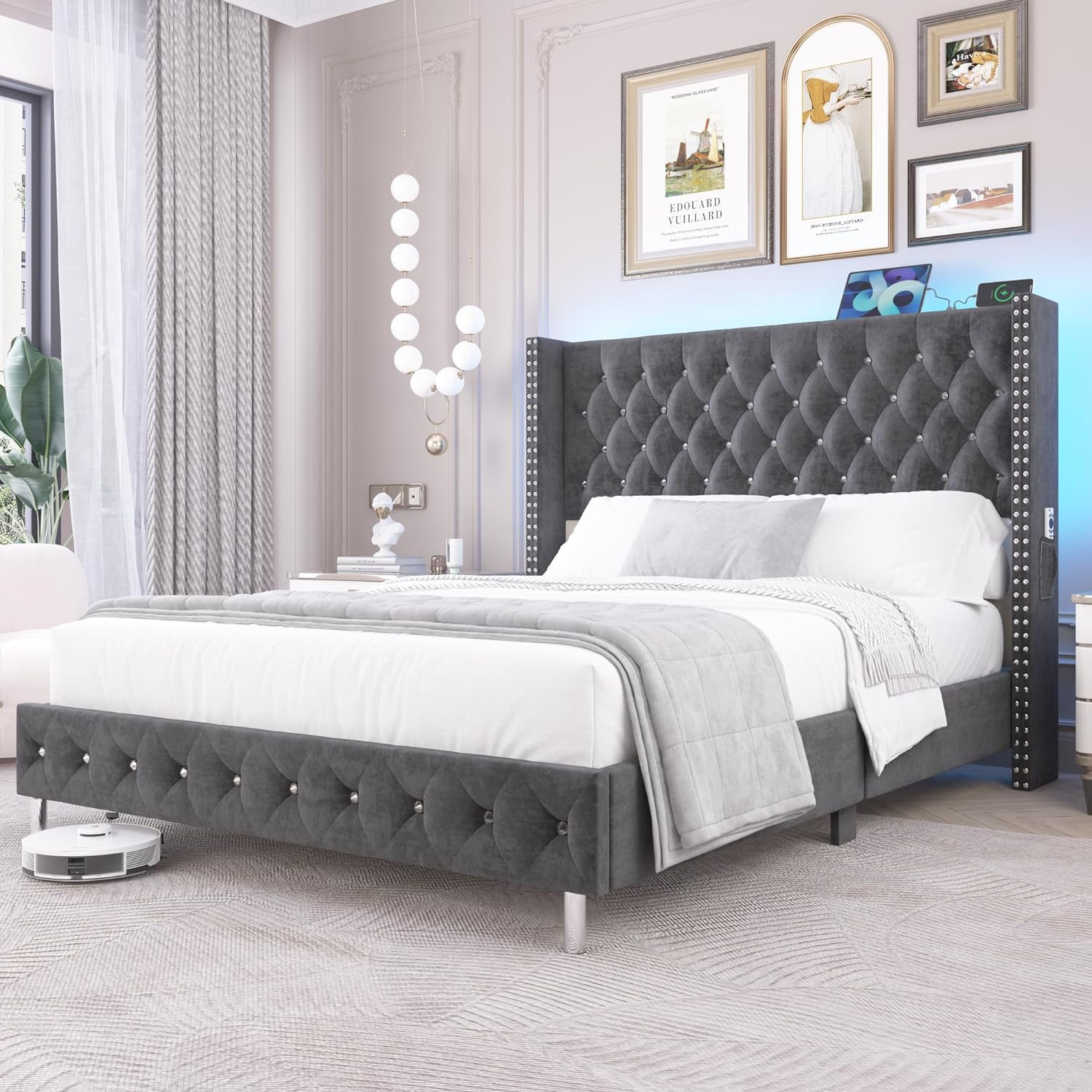 thumbnail video image 2 of Blotout Queen LED Upholstered Bed Frame with Wingback Headboard, Velvet Diamond Button Tufted Bed Frame USB & Type-C Ports and Side Pockets, Wood Slats Support, No Box Spring Needed, 2 of 10