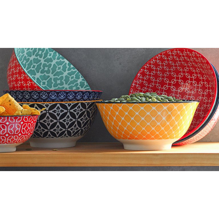 6-Piece Colorful Ceramic Bowl Set - 28oz Deep Soup & Cereal Bowls, Microwave & Dishwasher Safe