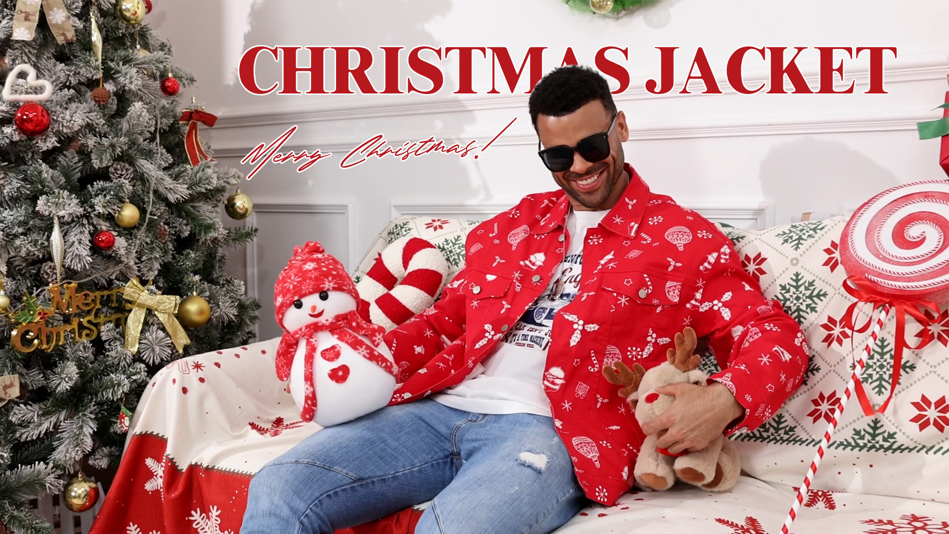 thumbnail video image 2 of Christmas Jean Jacket Men Trucker Unlined Coats Xmas Printed Tops Stocking Stuffers for Man(Red Christmas,XS), 2 of 9