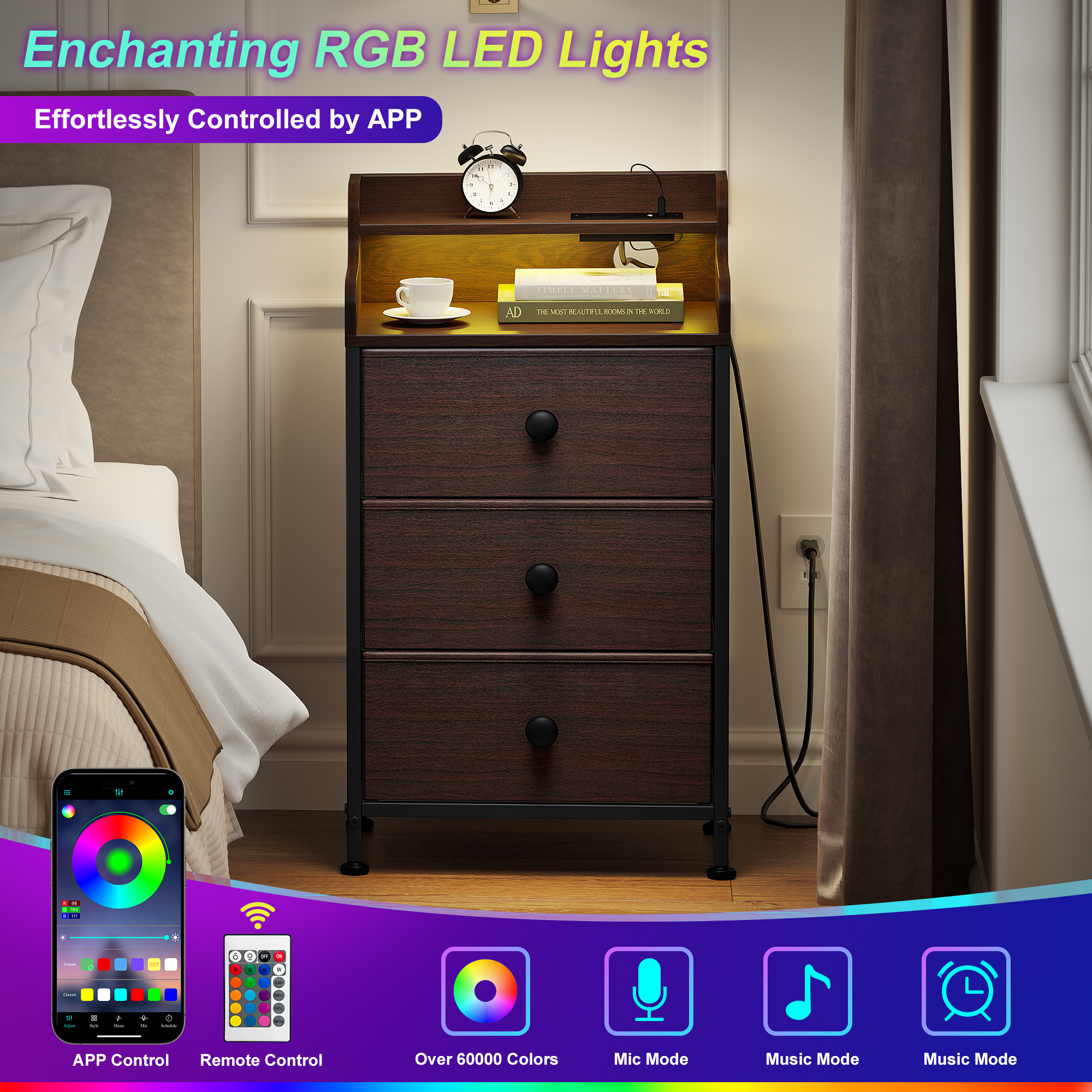 thumbnail video image 2 of GUNAITO 3 Drawers Nightstand Set of 2 with Charging Station, Bedside Table with LED Light, Modern End Side Table for Bedroom Living Room，Black, 2 of 9