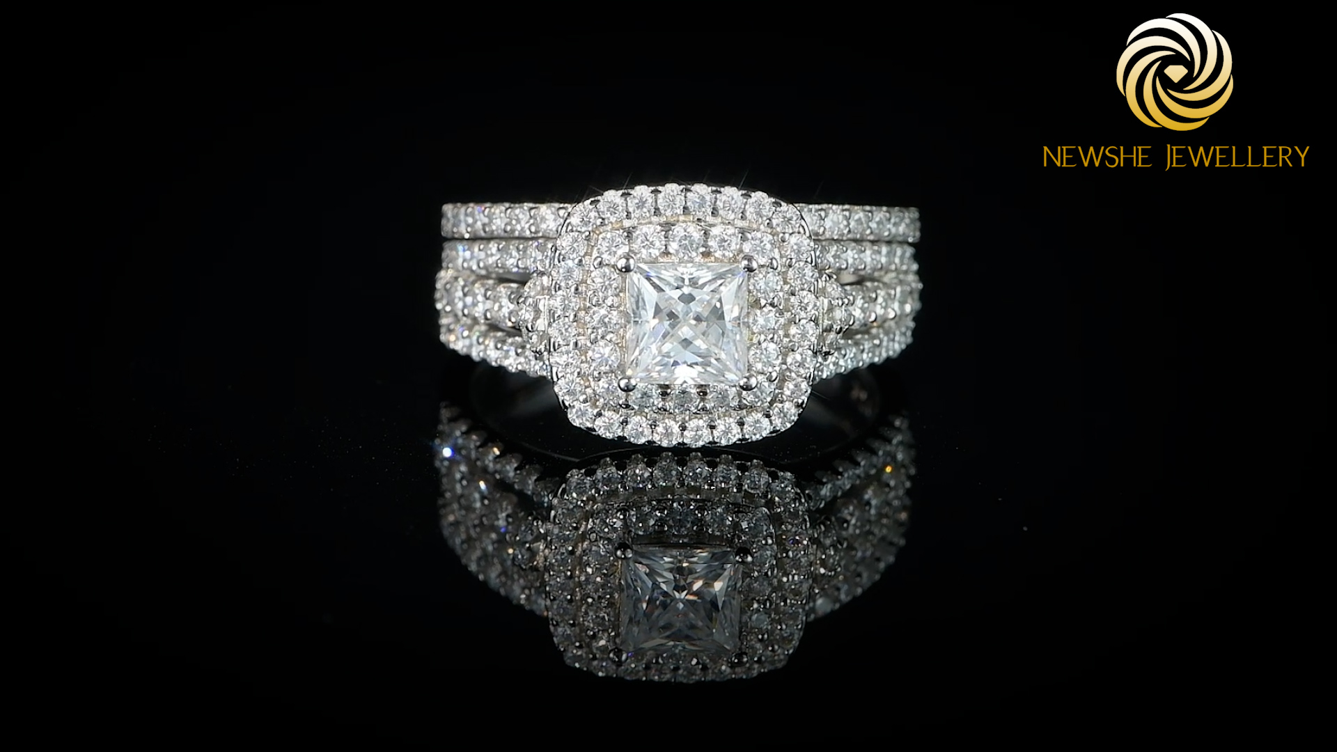 thumbnail video image 2 of Newshe Jewellery Moissanite Rings For Women Wedding Ring Set 925 Sterling Silver 1.9ct Princess White Size 7, 2 of 7