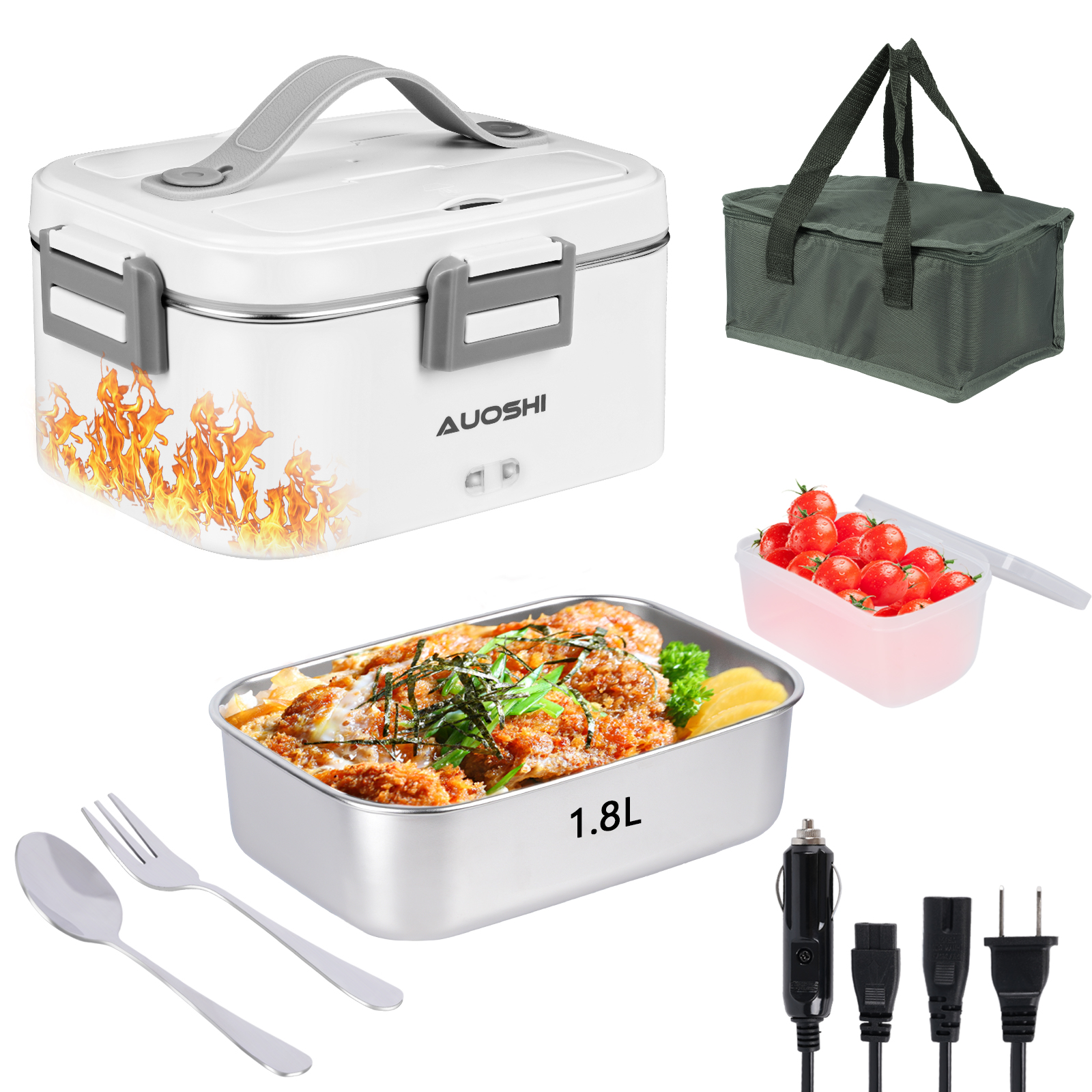 thumbnail video image 2 of AUOSHI Electric Lunch Box for Adults, 85W Heated Lunch Box 1.8L Stainless Steel Heated Lunchbox for Adults, 12/24/110V Portable Food Warmer for Car Truck Work, Gifts for Women, Gifts for Men, 2 of 9