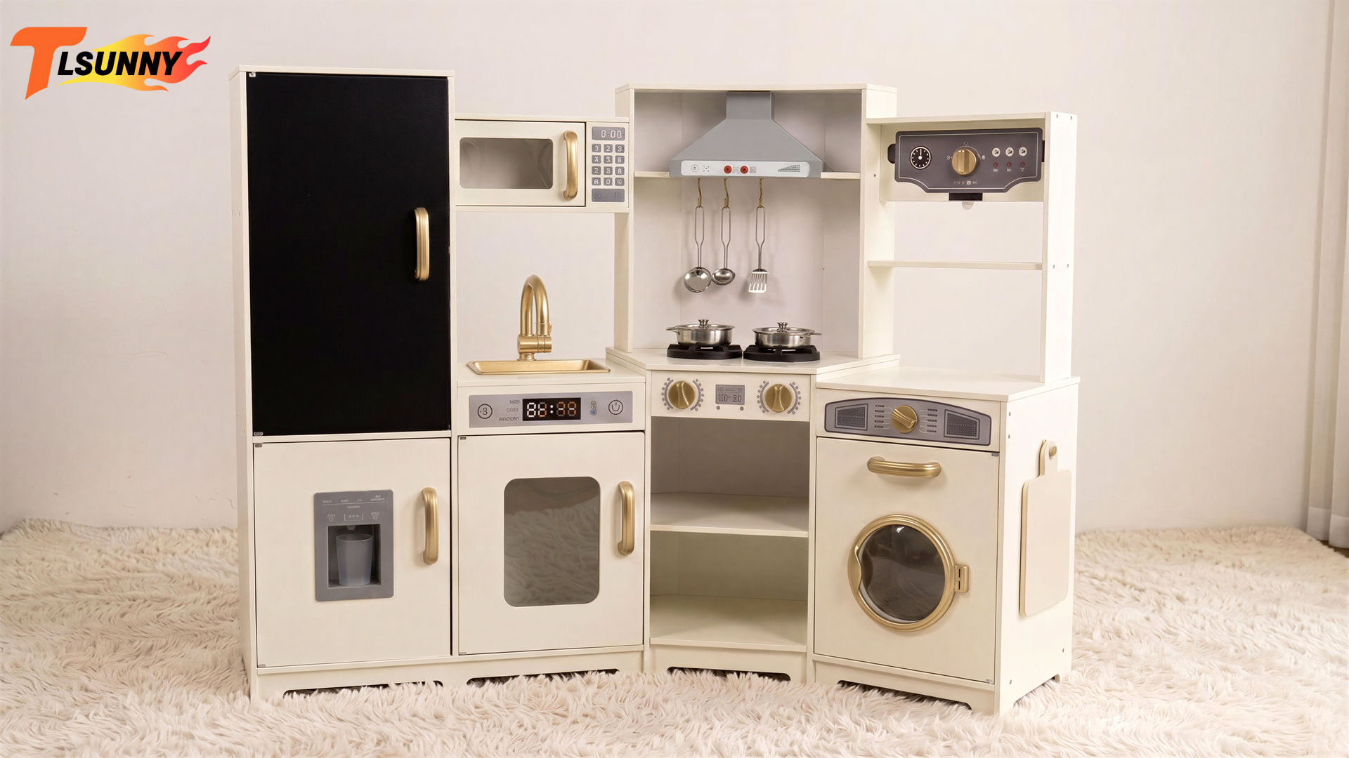 thumbnail video image 2 of TLSUNNY Toddler Wooden Play Kitchen w/ Lights & Sounds, Blackboard, Washer, Ice Maker & Utensils, for Kids Ages 3+, 2 of 10