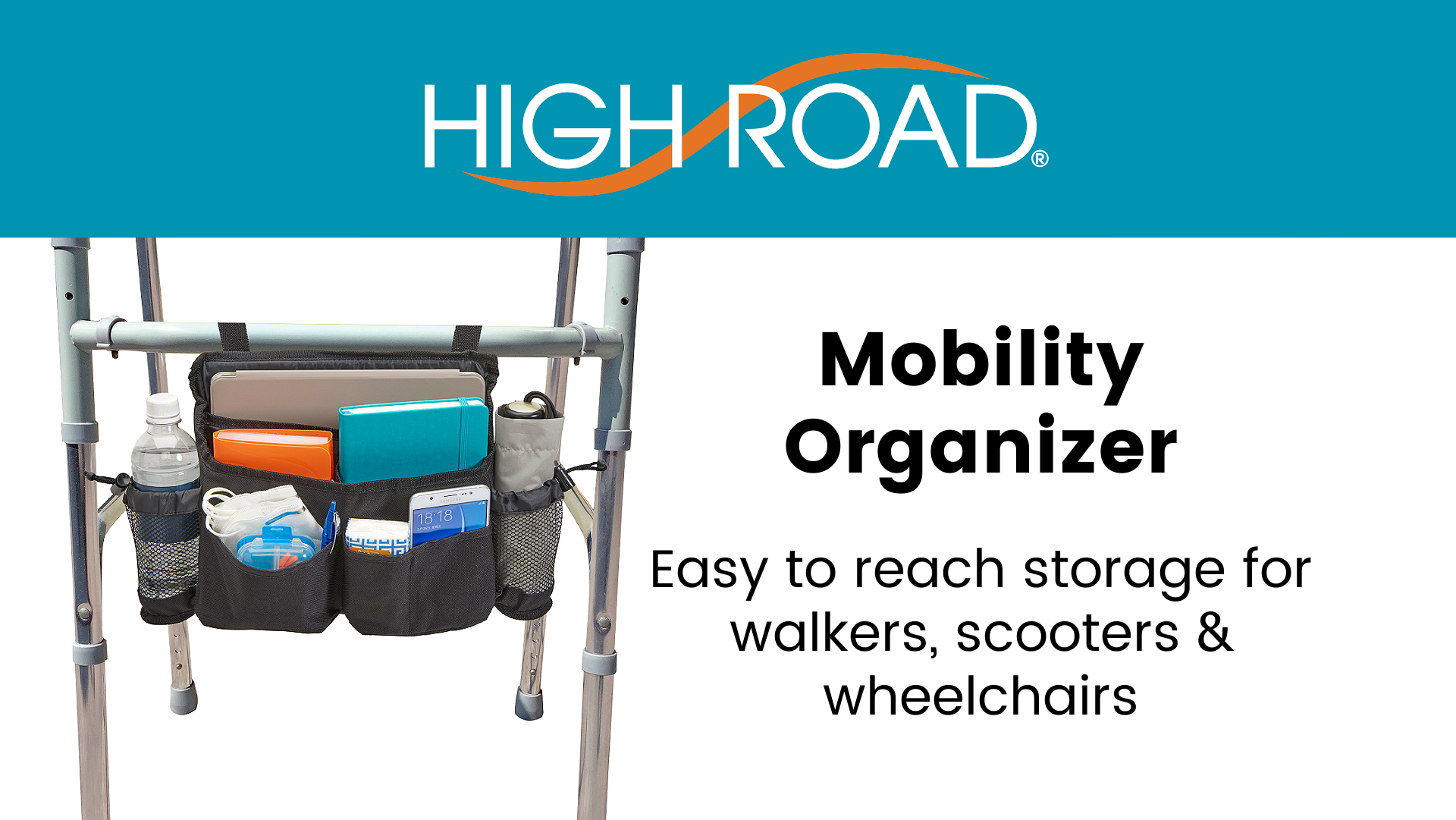 thumbnail video image 2 of High Road Walker Bag, Wheelchair Bag and Mobility Scooter Caddy With 8 Easy Access Pockets and Side Cup Holders, 2 of 6