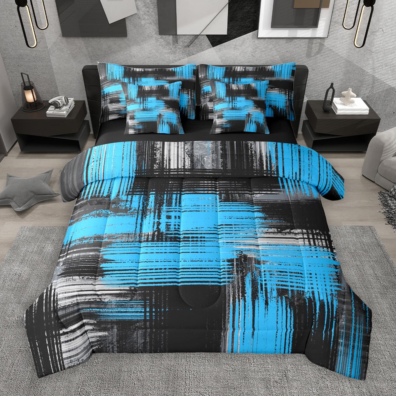 thumbnail video image 2 of Manfei Modern Abstract Art 7-Piece Bedding Comforter Set,Contemporary Brush Design King Bedding Sets,Cyan Black Bed Sheets For Girls,Breathable Home Decor Reversible, 2 of 9