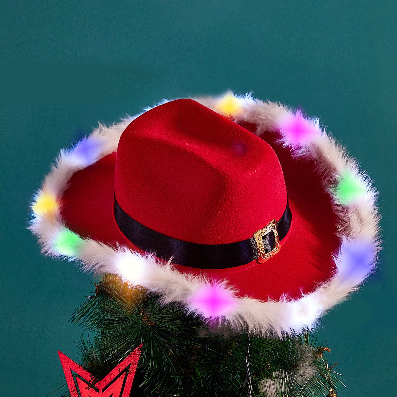 thumbnail video image 2 of 2 Pcs Adult Light Up Cowboy Hat Red Christmas Cowboy Hat Feather Rim Cap LED Lights Cowgirl Hats Flashing Santa Cowboy Hat for Holiday Party Western Costume Role Play Headwear Accessories, 2 of 8
