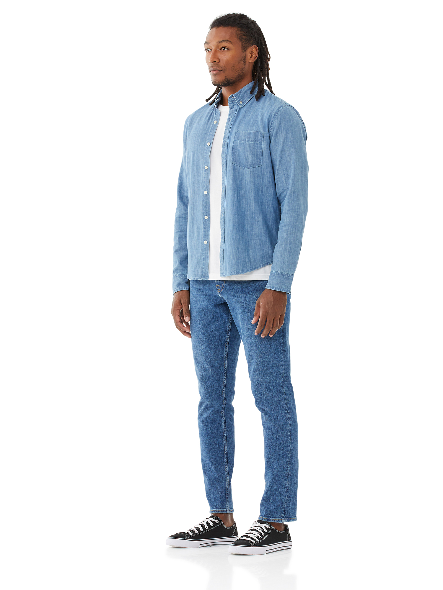 Light blue denim hot sale shirt mens outfit