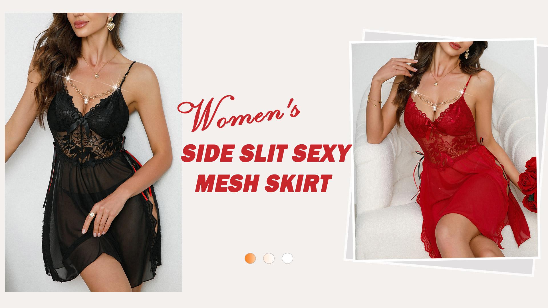 thumbnail video image 2 of Ausing Lingerie for Women Lace Babydoll Chemise Sleepwear Side Slit Halter V Neck Mesh Nightwear Boudoir Outfits Nightgown Black M, 2 of 6