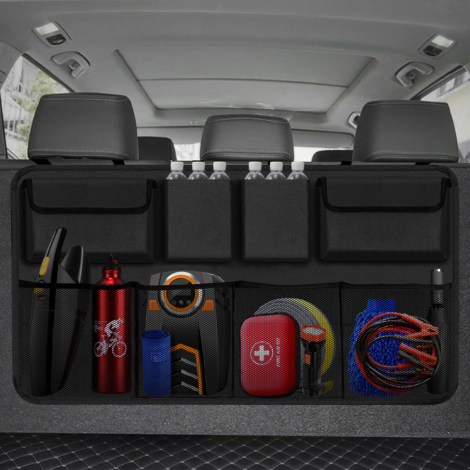 thumbnail video image 2 of Snuopfy Car Trunk Organizer with Lid, Backseat Hanging Grocery Storage, 8 Large Bags, High Capacity for SUV, Truck, 2 of 8