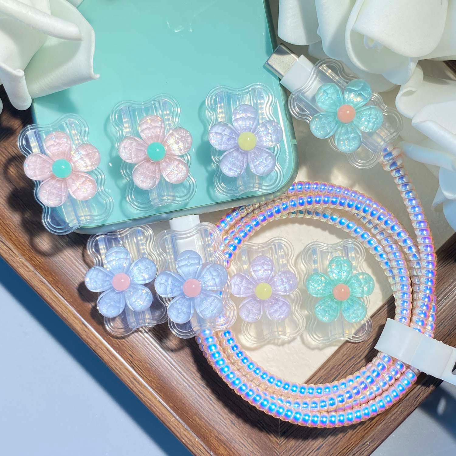 thumbnail video image 2 of Tianyeda Flower 2Pcs Charging Cable Protectors with 1pc Spiral Protective Rope, 2 of 6