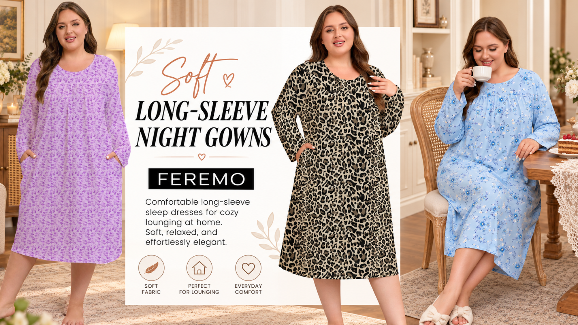 thumbnail video image 2 of FEREMO Womens Plus Size Nightgowns Long Sleeve Crew Neck Pleated Night Dress Printed Sleepwear with Pockets, 2 of 9