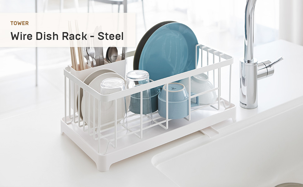 thumbnail video image 2 of Yamazaki Home  Wire Dish Rack, Steel, Holds 17.6 lbs - L 9.06 x W 16.54 x H  6.69 inches White White Finish, 2 of 8