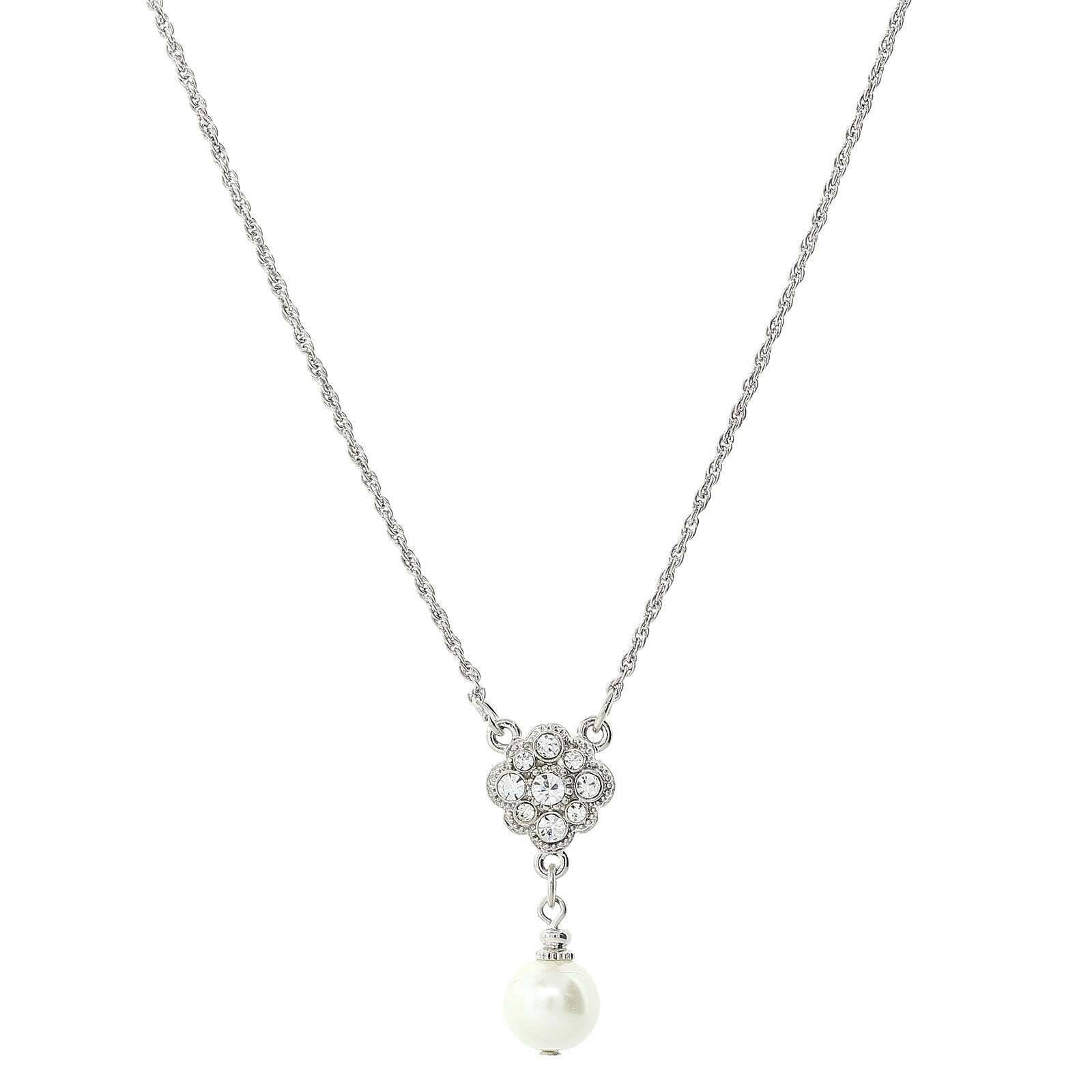 thumbnail video image 2 of 1928 Jewelry Women's Silver Tone Faux Pearl And Crystal Pendant Necklace 16" + 3" Extender, 2 of 4