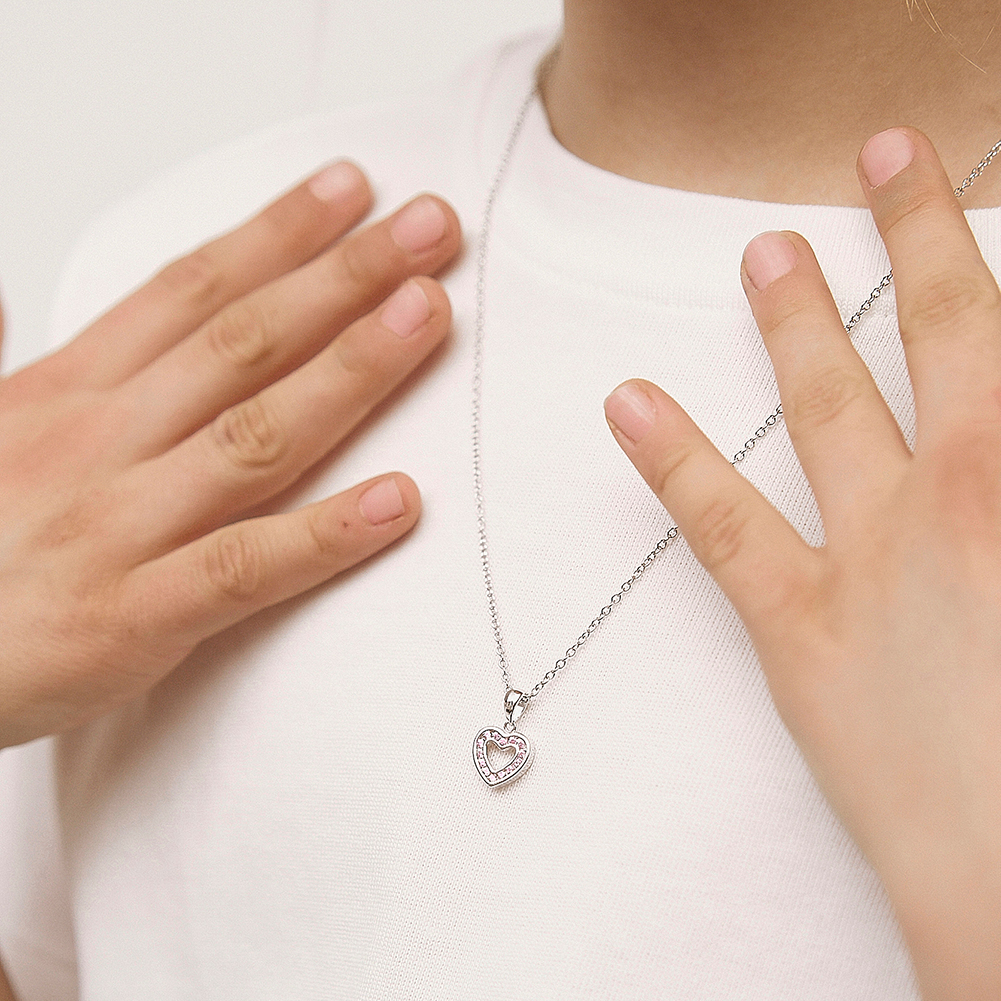 thumbnail video image 2 of 925 Sterling Silver Pink Cubic Zirconia Open Heart Pendant Necklace for Girls, 2 of 8