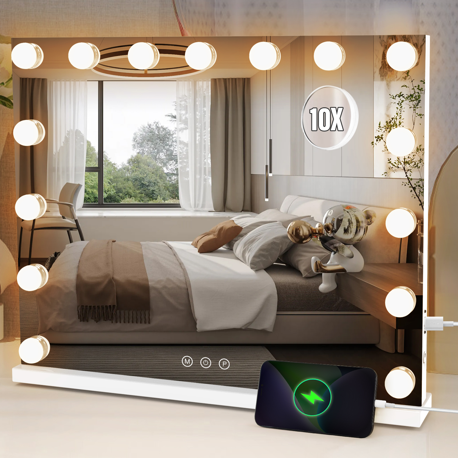thumbnail video image 2 of Miserwe The illuminated makeup mirror is equipped with a 10x magnifying glass, LED light, and an intelligent touch screen. It has 15 LED bulbs, a large size, and 3 colors that can be adjusted, 2 of 11