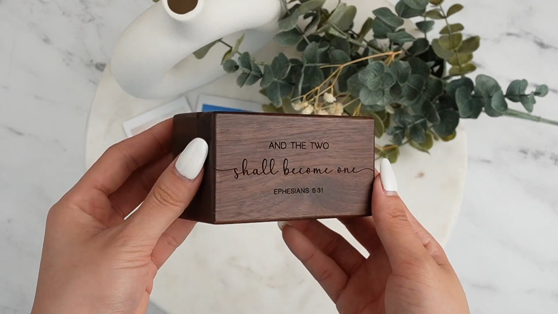 thumbnail video image 2 of MUUJEE Ephesians 5:31 Quad Ring Box - Engraved Wooden Ring Case Box for Wedding Ceremony Ring Bearer Anniversary Birthday Valentines Gift Ideas, 2 of 8