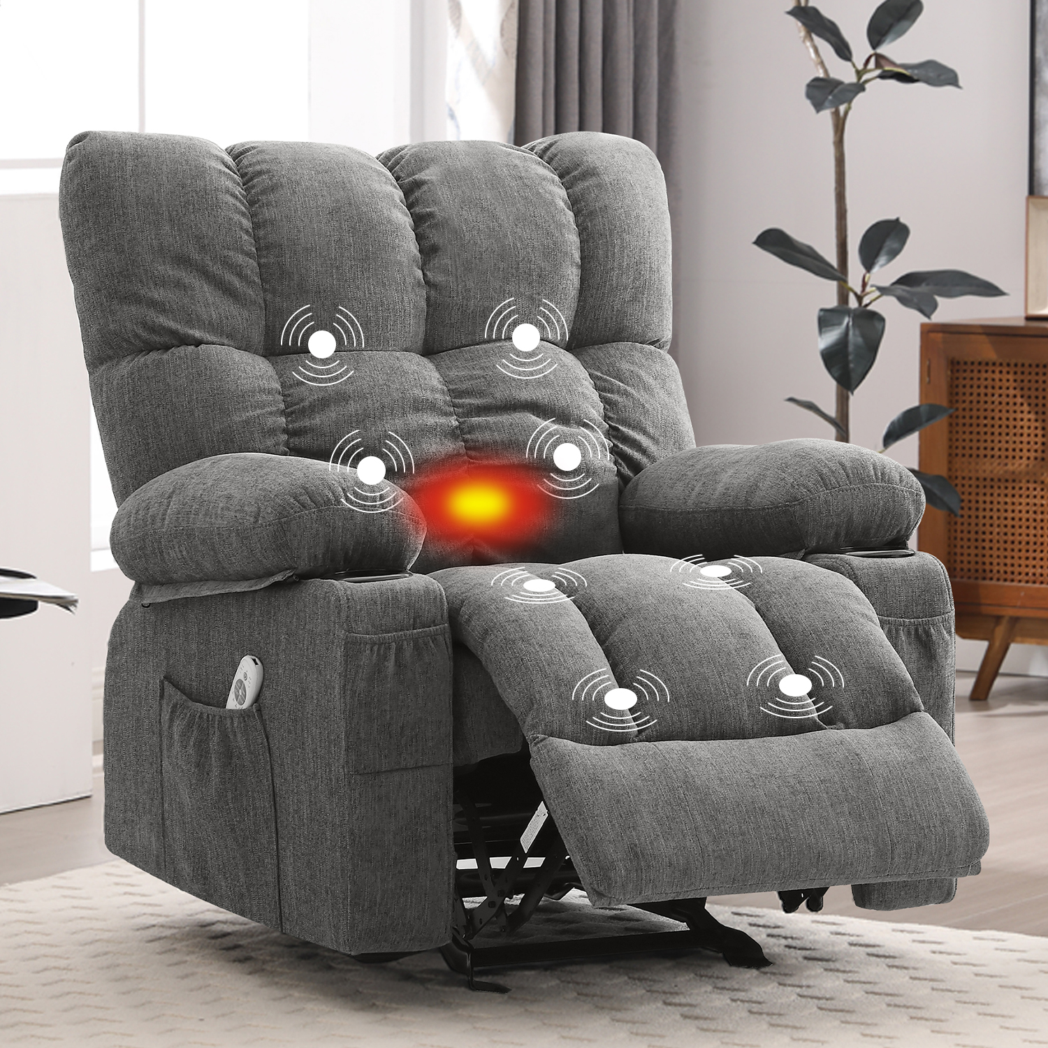 thumbnail video image 2 of JONPONY Manual Recliner Chair with Heat Therapy and Massage Function, Heavy Duty Reclining Mechanism Massage Chair, Elderly Single Rocker Sofa with Cup Holders for Bedroom Home Theater,Grey, 2 of 13