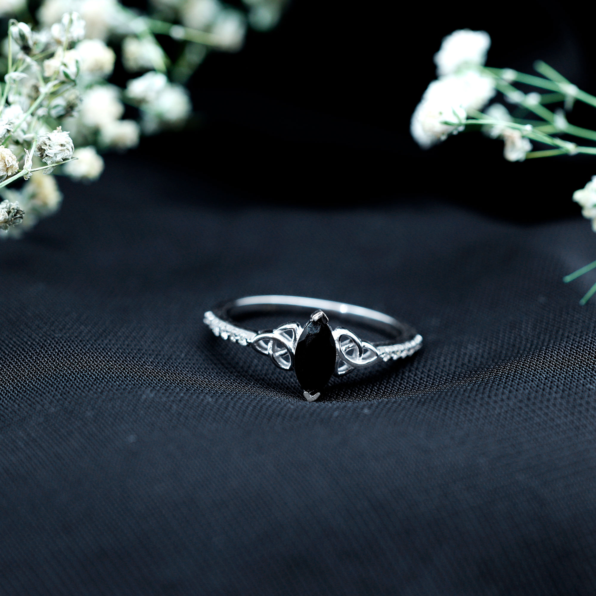 thumbnail video image 2 of Rosec Jewels Marquise Black Onyx Solitaire Celtic Knot Ring with Diamond - 4X8 mm - AAA Grade, 925 Sterling Silver, US 4.00, 2 of 7