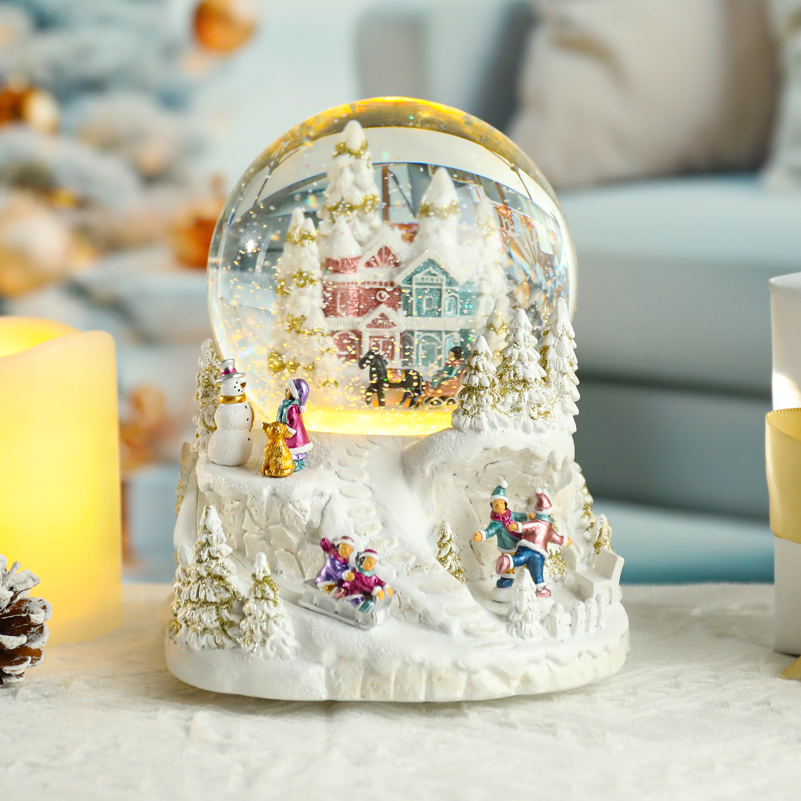 thumbnail video image 2 of Christmas Snow Globe Musical Box, Village Lighted Decoration Santa Reindeer Sled Battery Operated Glitter Snow Glob Gift, 2 of 10