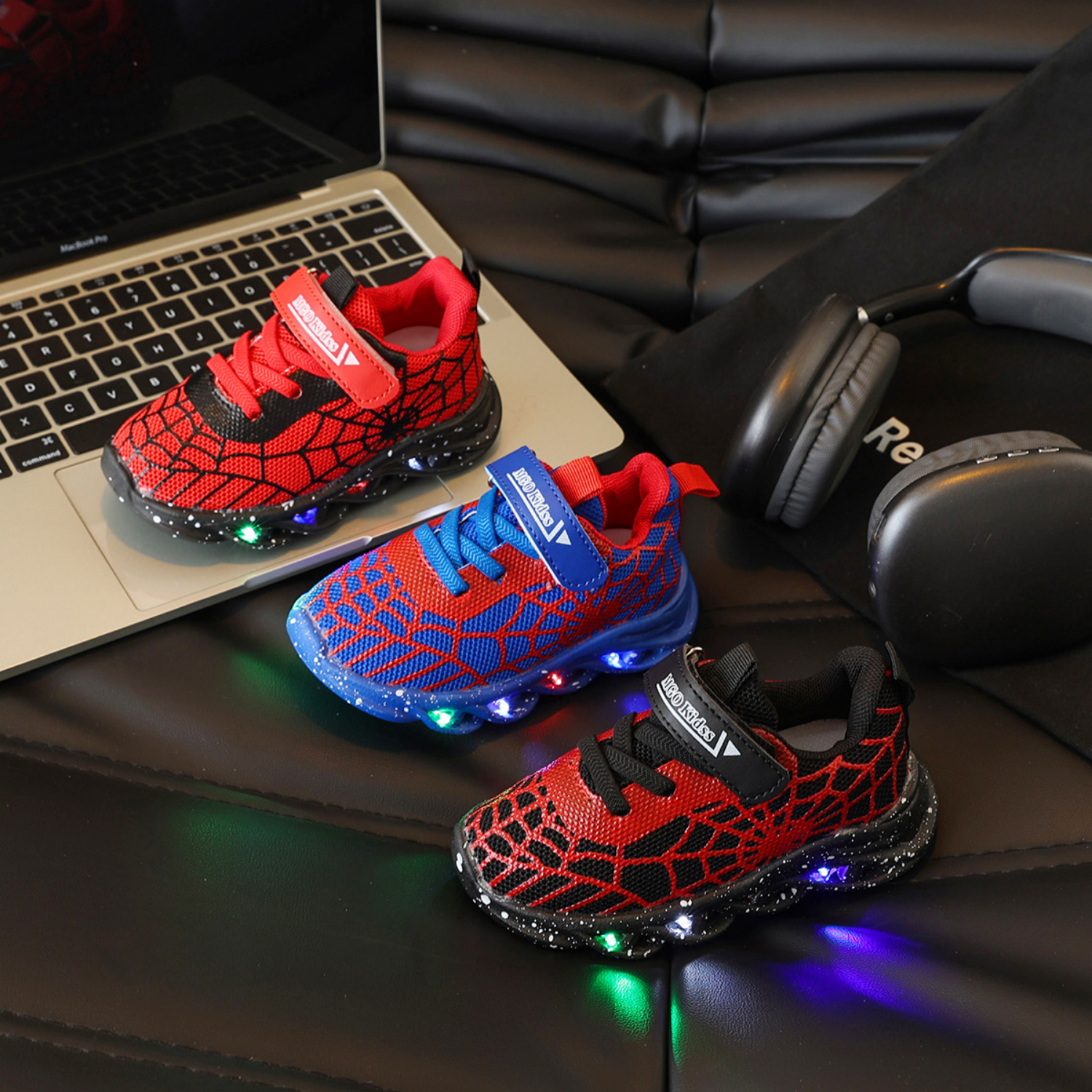 thumbnail video image 2 of Toddler Kids Spider Web LED Light Up Shoes, Breathable Casual Sport Sneakers for All Season Daily Wear & Gift, 2 of 10