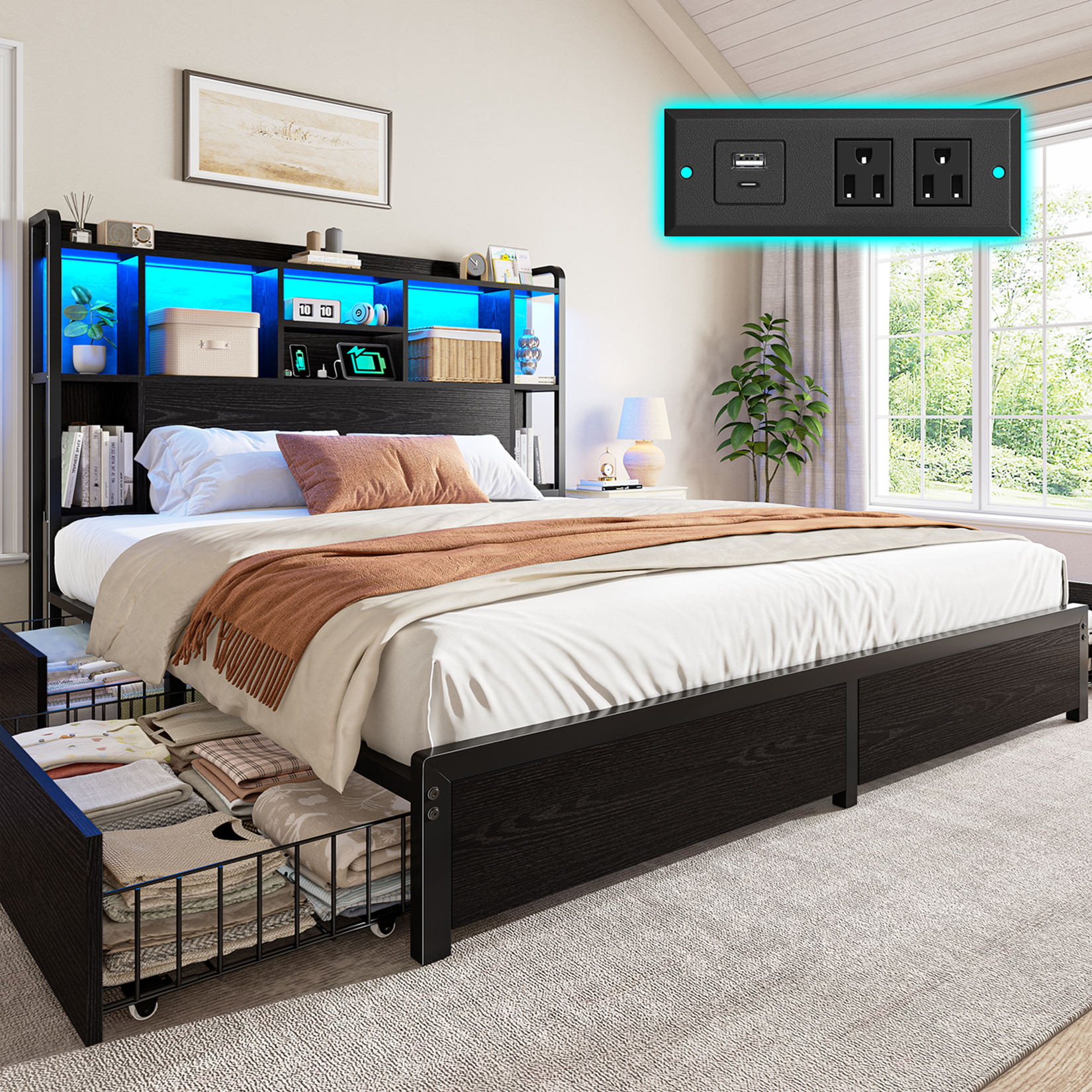 thumbnail video image 2 of EnHomee Metal Bed Frame with 4 Storage Drawers Queen Size Bed Frame with Storage Headboard & 3-Tier Shelf & Charge Station, Black, 2 of 9