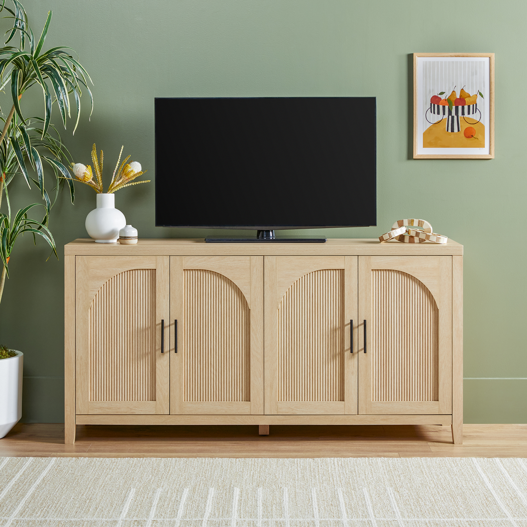 thumbnail video image 2 of Walker Edison Modern 60" Reeded Sideboard with Arch, English Oak, 2 of 15