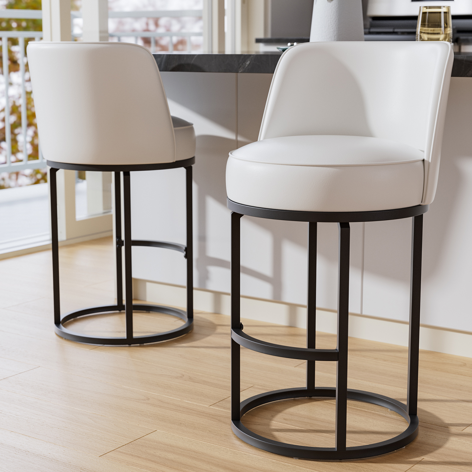 thumbnail video image 2 of Ninecer 26" Counter Height Bar Stools Set of 2, 360 Swivel Upholstered Bar Chairs with Mid Back, Round Seat, Metal Base, Kitchen Island Counter Stools, Beige, 2 of 9