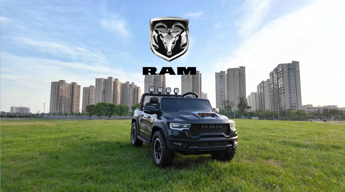 thumbnail video image 2 of 24V 2 Seats Ride On Car for Kids, Licensed RAM RHO 1500 Powered Electric Car with 4 Wheels Spring Suspesion, Ride On Toy for 3-8 Year Boys & Girls with Remote Control, Horm, Siren, LED Lights, Blue, 2 of 9