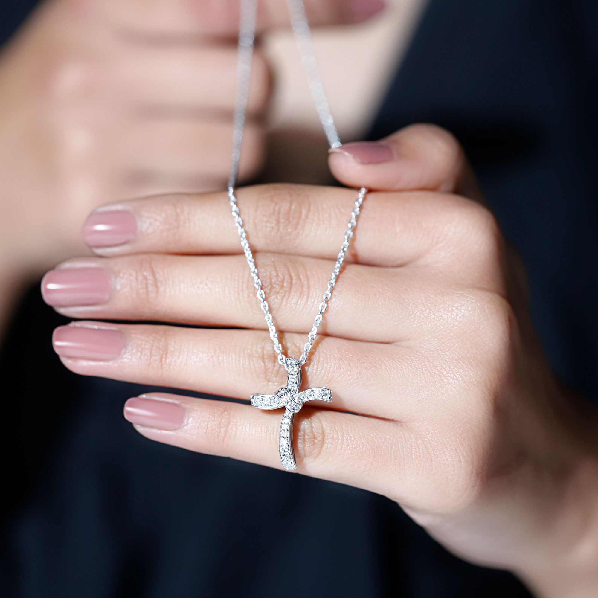 thumbnail video image 2 of Rosec Jewels Lab Created Diamond Cross Necklace for Women (Ef-Vs Quality) - Ribbon Cross Pendant - Ready to Gift for Christmas, 10K Yellow Gold, 2 of 8